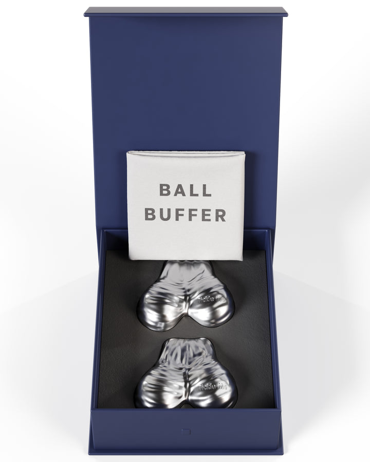 Cold As Balls Whiskey Stones in box with ball buffer - practical and funny guy friend gift.